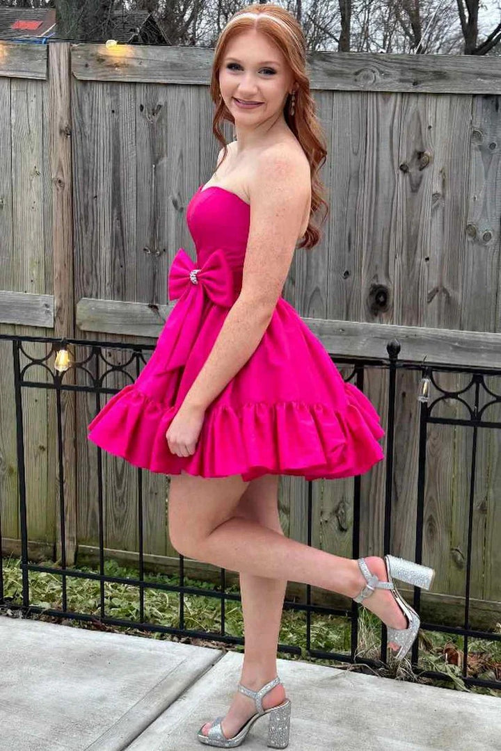 Lumidress Strapless Satin Short Homecoming Dress with Bow and Ruffles