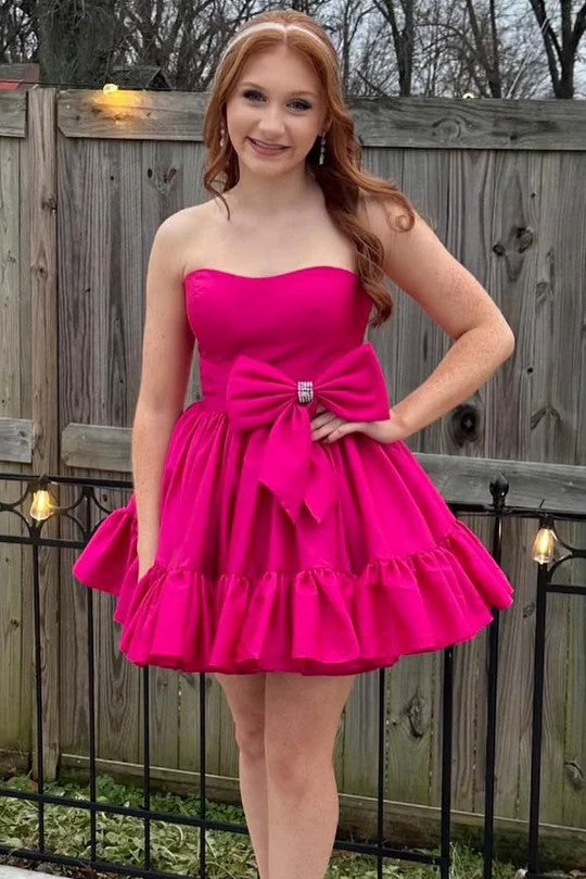 Lumidress Strapless Satin Short Homecoming Dress with Bow and Ruffles