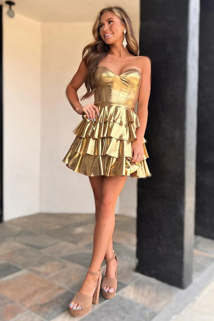 Lumidress Glamorous Gold Strapless Tiered Ruffle Short Party Homecoming Dress