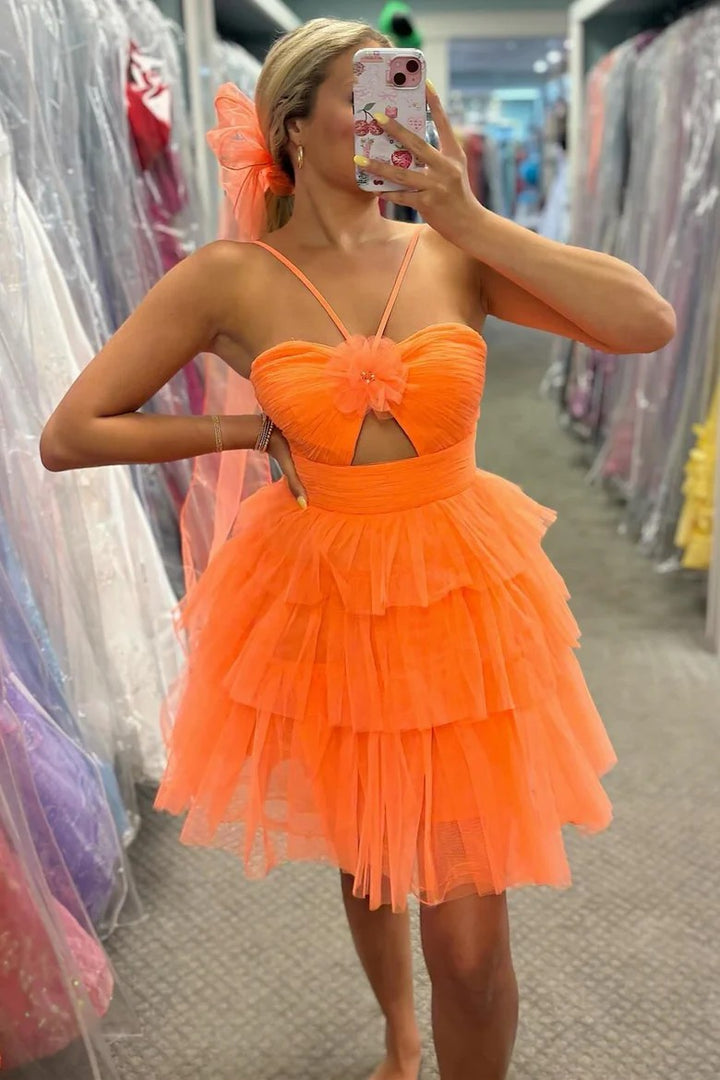 Lumidress Vibrant Orange Spaghetti Strap Tiered Tulle Homecoming Dress with Floral Detail