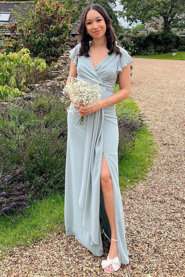 Lumidress Romantic Surplice Chiffon Flared Sleeves A-Line Bridesmaid Dress