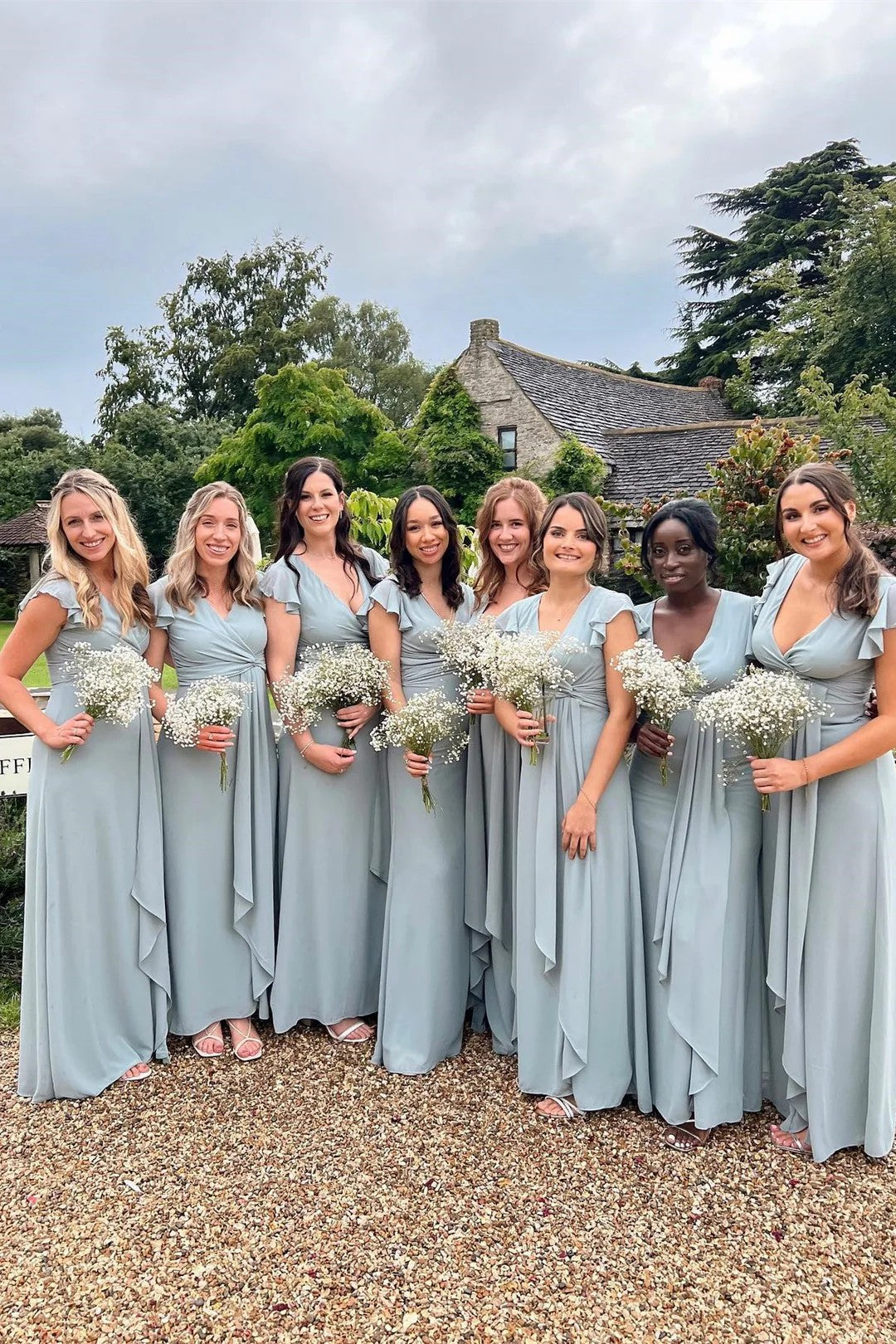 Lumidress Romantic Surplice Chiffon Flared Sleeves A-Line Bridesmaid Dress
