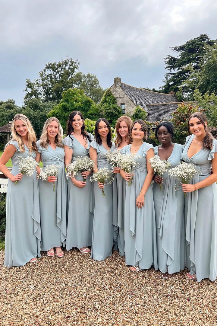 Lumidress Romantic Surplice Chiffon Flared Sleeves A-Line Bridesmaid Dress