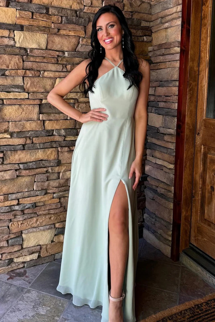 Lumidress Graceful Sage Halter Chiffon Slit Maxi Dress for Wedding Guest
