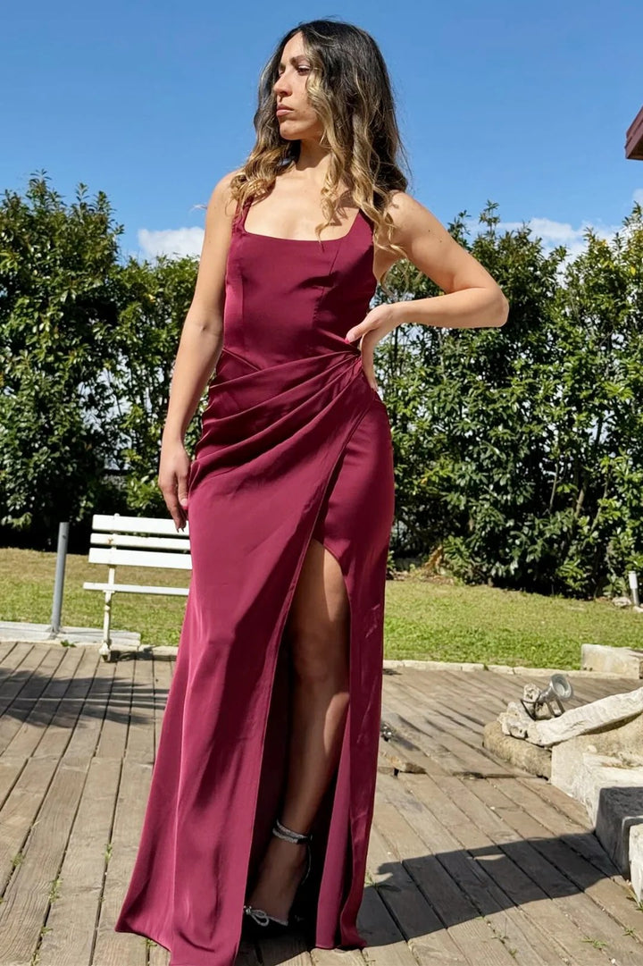Lumidress Burgundy Square Neck Ruched Slit Maxi Dress with Back Cutout Detail