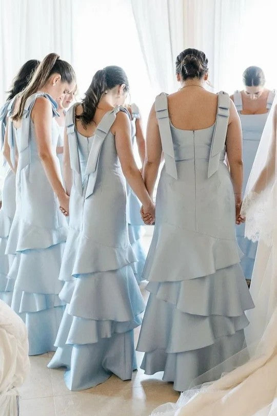 Lumidress Elegant Satin Mermaid Bridesmaid Dress with Tiered Ruffles &amp; Slit