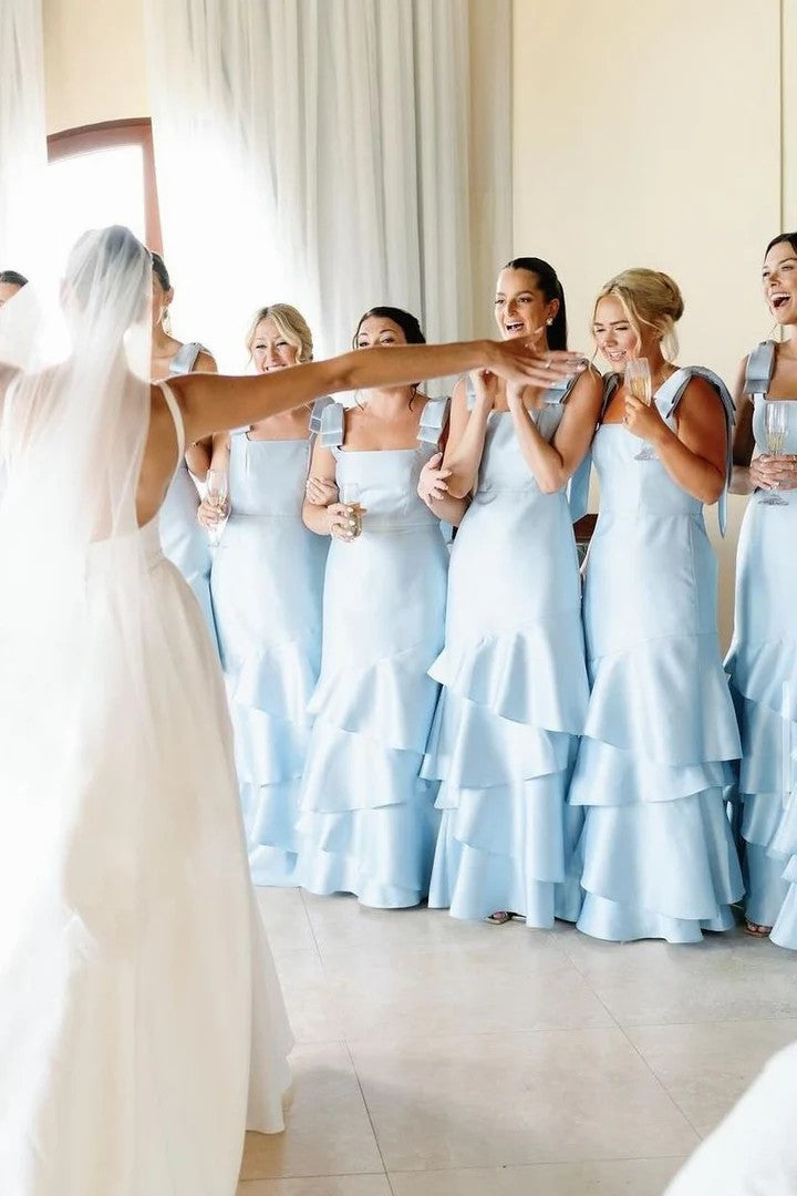 Lumidress Elegant Satin Mermaid Bridesmaid Dress with Tiered Ruffles &amp; Slit