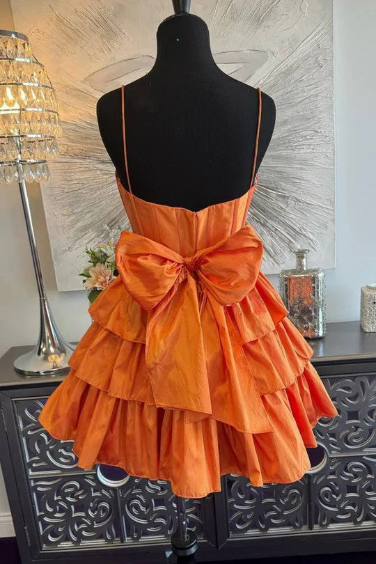 Lumidress Sleeveless Satin A-Line Ruffle Homecoming Dress with Spaghetti Straps
