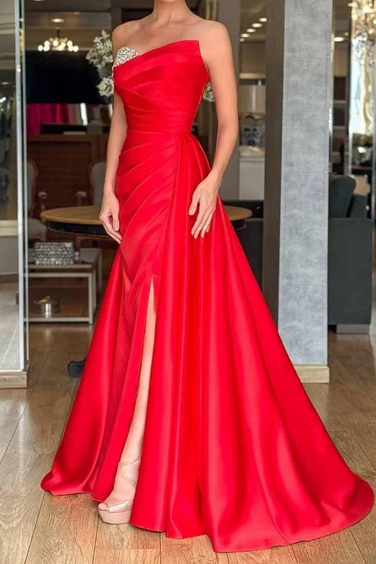 Lumidress Strapless A-Line Pleated Satin Prom Dress with Beaded Bodice