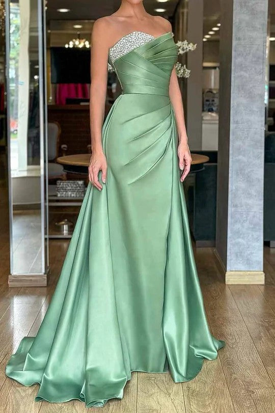 Lumidress Strapless A-Line Pleated Satin Prom Dress with Beaded Bodice