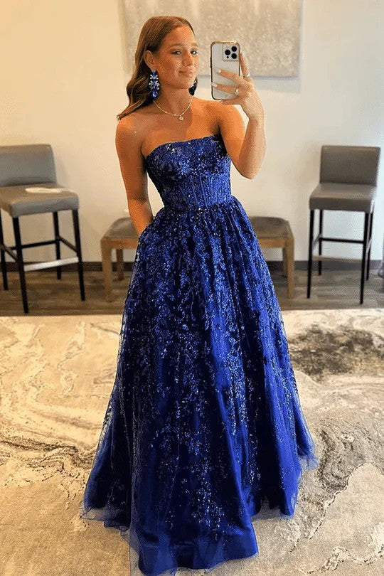 Lumidress Strapless Empire Waist A-Line Evening Prom Gown with Lace Appliqués