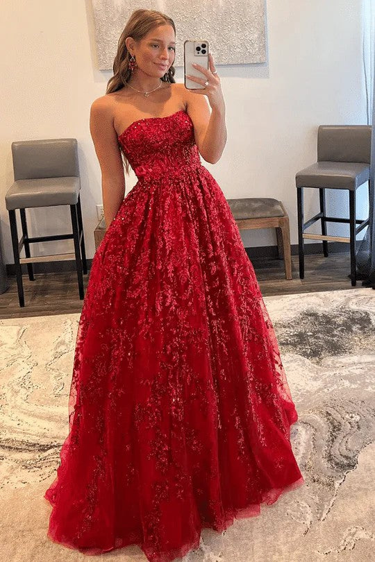 Lumidress Strapless Empire Waist A-Line Evening Prom Gown with Lace Appliqués