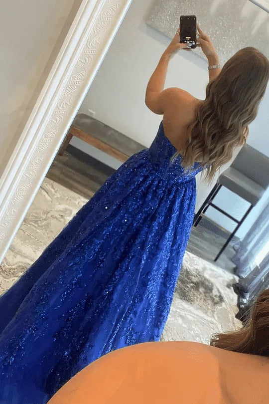 Lumidress Strapless Empire Waist A-Line Evening Prom Gown with Lace Appliqués