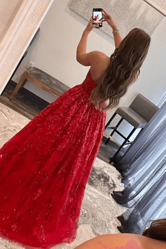 Lumidress Strapless Empire Waist A-Line Evening Prom Gown with Lace Appliqués