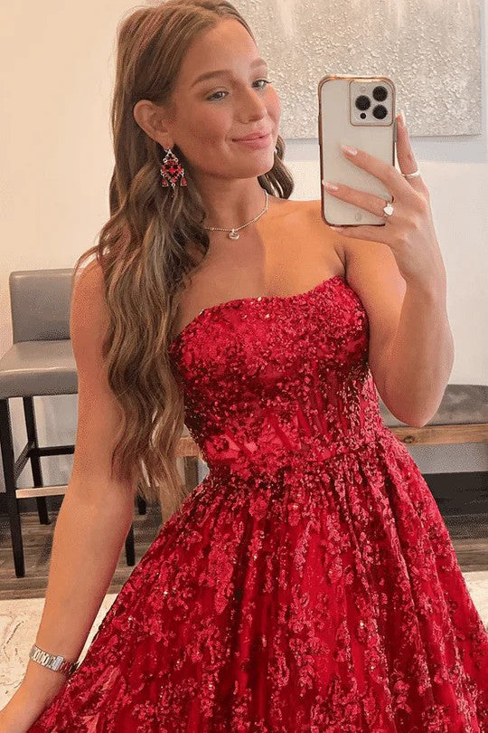 Lumidress Strapless Empire Waist A-Line Evening Prom Gown with Lace Appliqués