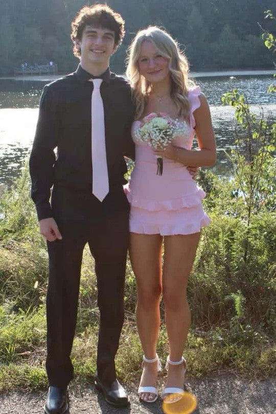 Lumidress Red Satin Sweetheart Bodycon Homecoming Dress with Ruffle Detail