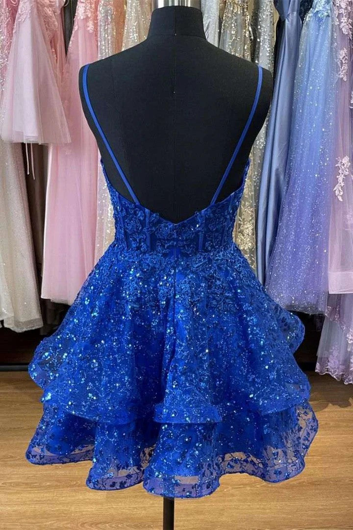Lumidress Royal Blue Spaghetti Strap A-Line Homecoming Dress with Appliqués and Ruffles