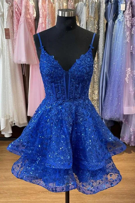Lumidress Royal Blue Spaghetti Strap A-Line Homecoming Dress with Appliqués and Ruffles