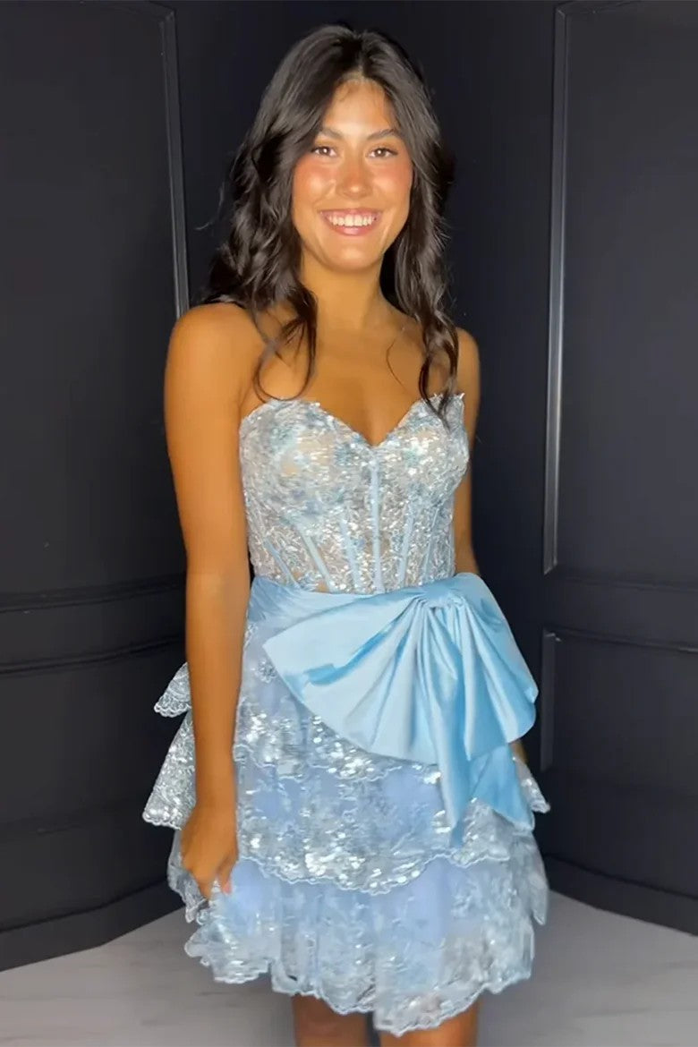 Lumidress Sparkling Strapless Sweetheart Sequin Tiered Homecoming Dress