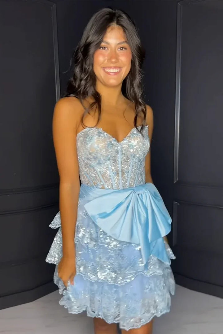 Lumidress Sparkling Strapless Sweetheart Sequin Tiered Homecoming Dress