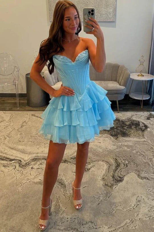 Lumidress Elegant A-Line Strapless Short Homecoming Cocktail Dress with Ruffles