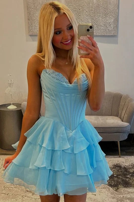 Lumidress Elegant A-Line Strapless Short Homecoming Cocktail Dress with Ruffles