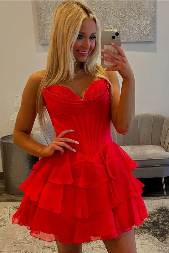 Lumidress Elegant A-Line Strapless Short Homecoming Cocktail Dress with Ruffles