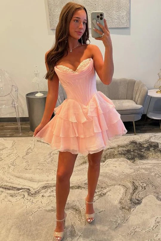 Lumidress Strapless Sweetheart Corset Ruffle Homecoming Party Dress
