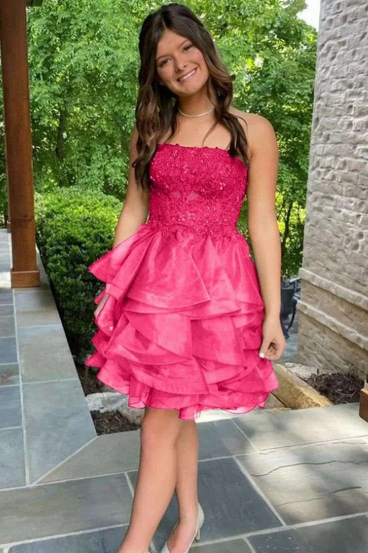 Lumidress Strapless A-Line Homecoming Dress with Ruffles