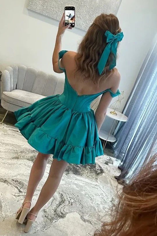 Lumidress Off-Shoulder Pleated Satin A-Line Homecoming Dress