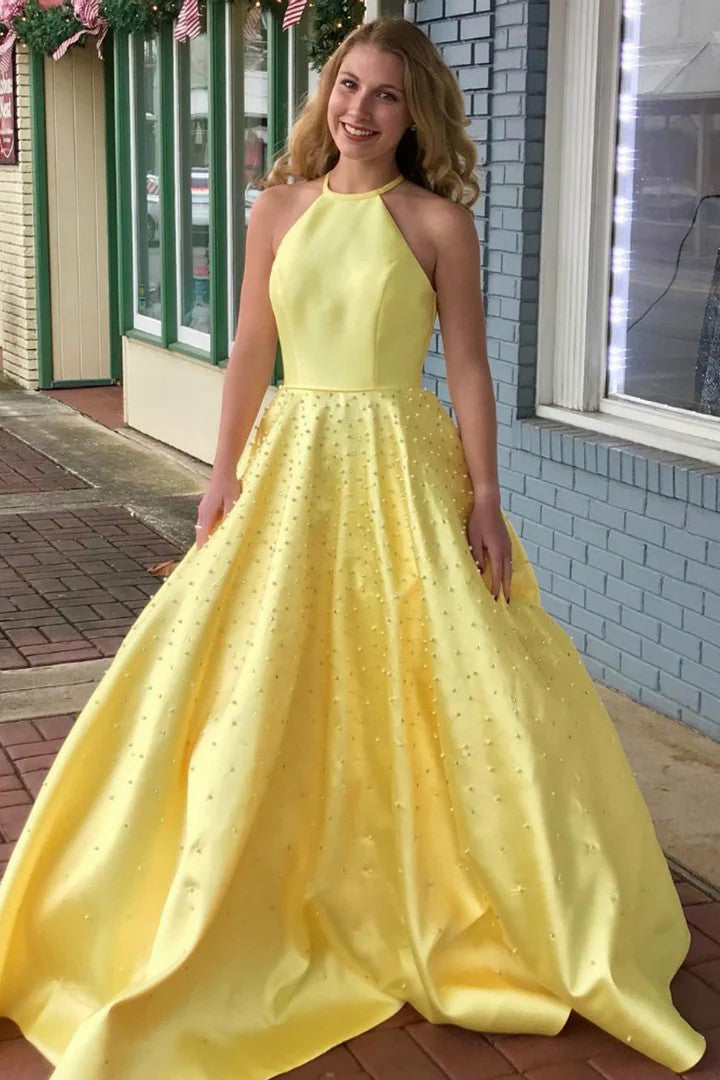 Lumidress Yellow Satin A-Line Long Evening Dress with Pearl Embellishment