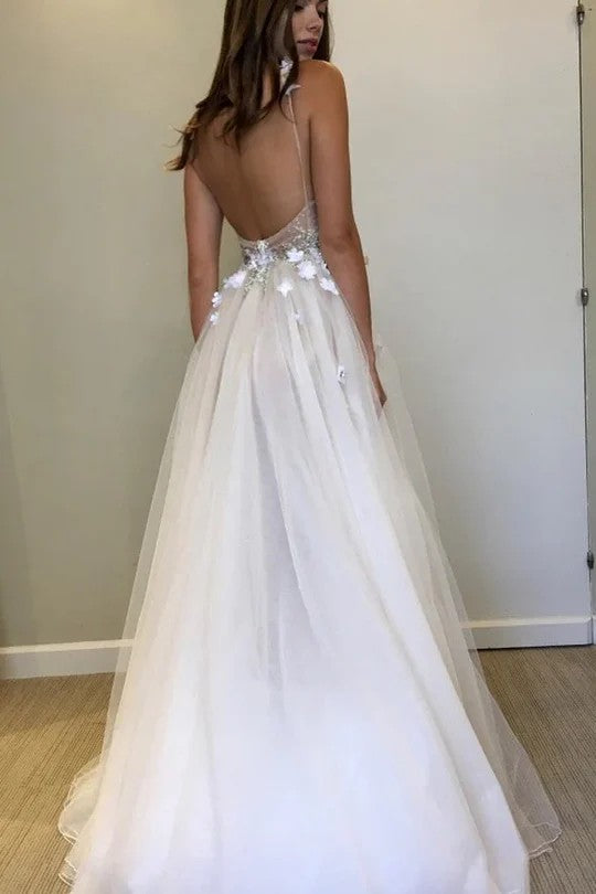 Lumidress Romantic V-Neck Spaghetti Strap Tulle A-Line Evening Gown with 3D Floral Appliqués