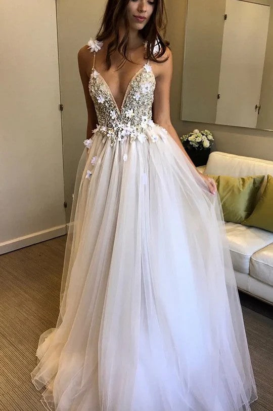Lumidress Romantic V-Neck Spaghetti Strap Tulle A-Line Evening Gown with 3D Floral Appliqués