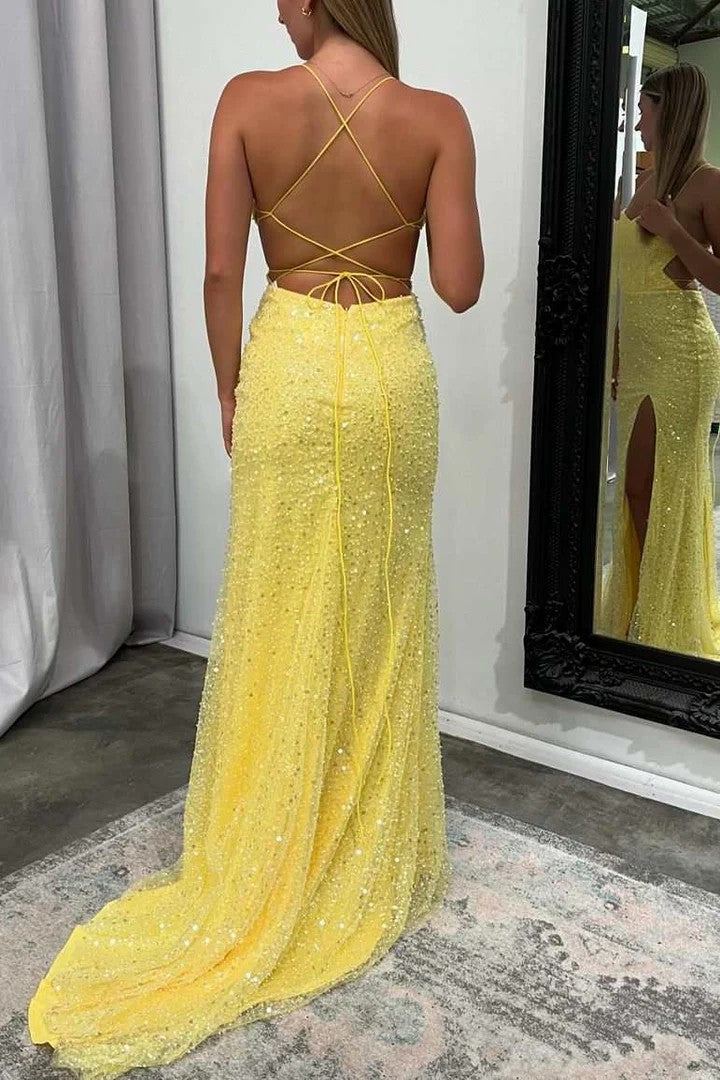 Lumidress Glamorous Yellow Spaghetti Strap Sequin Beaded Long Prom Dress with Slit