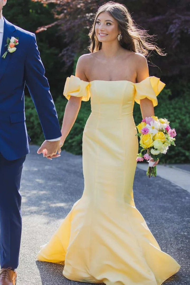 Lumidress Elegant Yellow Satin Off-Shoulder Pleated Mermaid Prom Dress with Sleeves