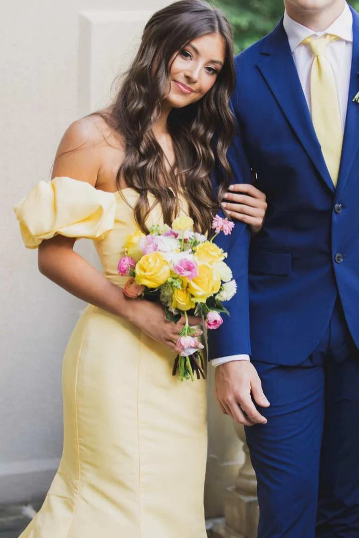 Lumidress Elegant Yellow Satin Off-Shoulder Pleated Mermaid Prom Dress with Sleeves