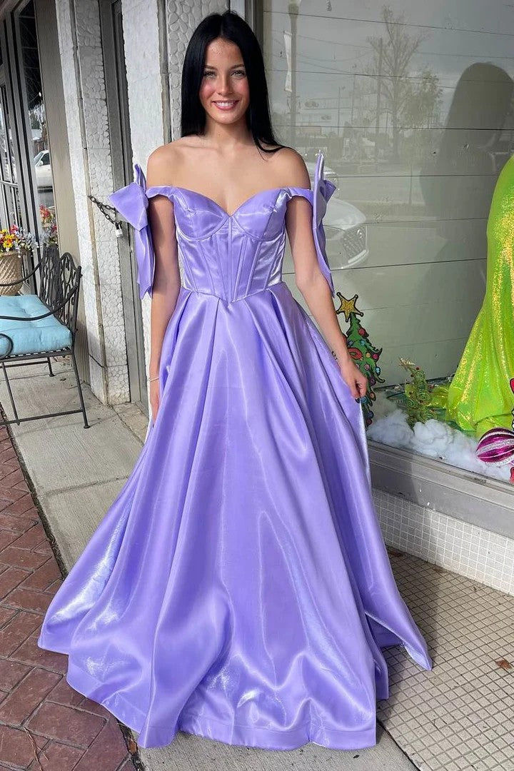 Lumidress Classy Off-the-Shoulder A-Line Prom Dress with Bow Detail