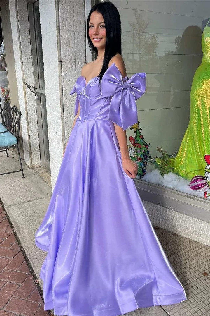 Lumidress Classy Off-the-Shoulder A-Line Prom Dress with Bow Detail