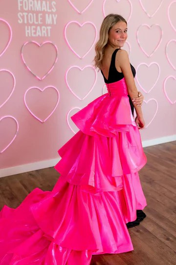 Lumidress Black and Hot Pink Layered Ruffle Mermaid Gown with Sweep Train