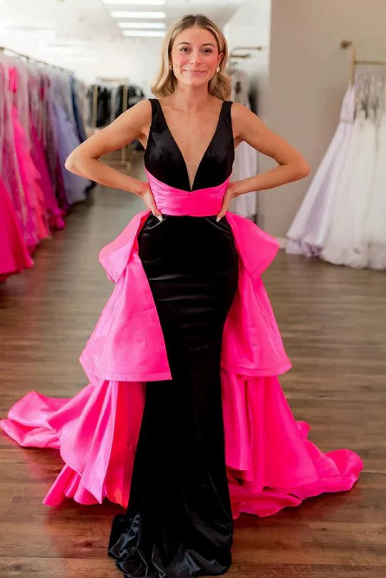 Lumidress Black and Hot Pink Layered Ruffle Mermaid Gown with Sweep Train