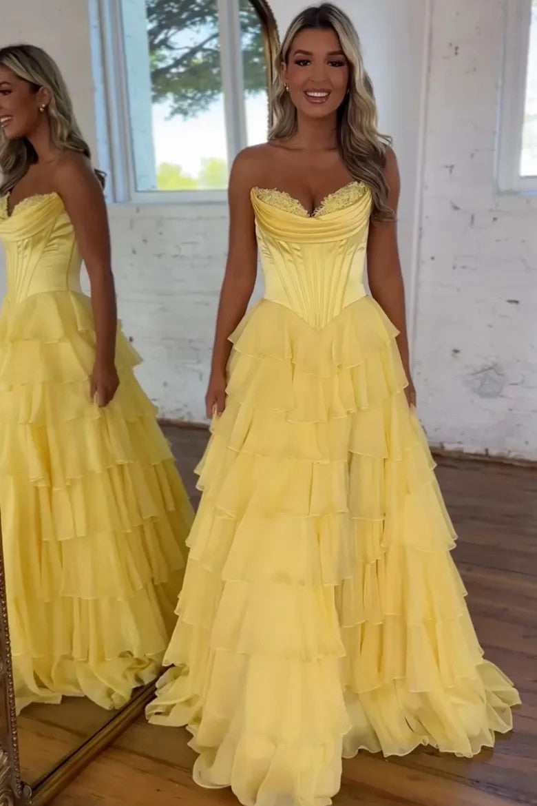 Lumidress Lavender Strapless Ruffled Layered A-Line Evening Gown with Slit