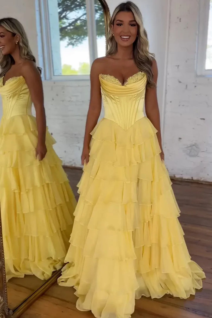 Lumidress Lavender Strapless Ruffled Layered A-Line Evening Gown with Slit