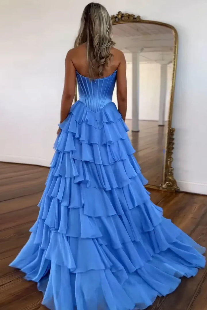 Lumidress Lavender Strapless Ruffled Layered A-Line Evening Gown with Slit