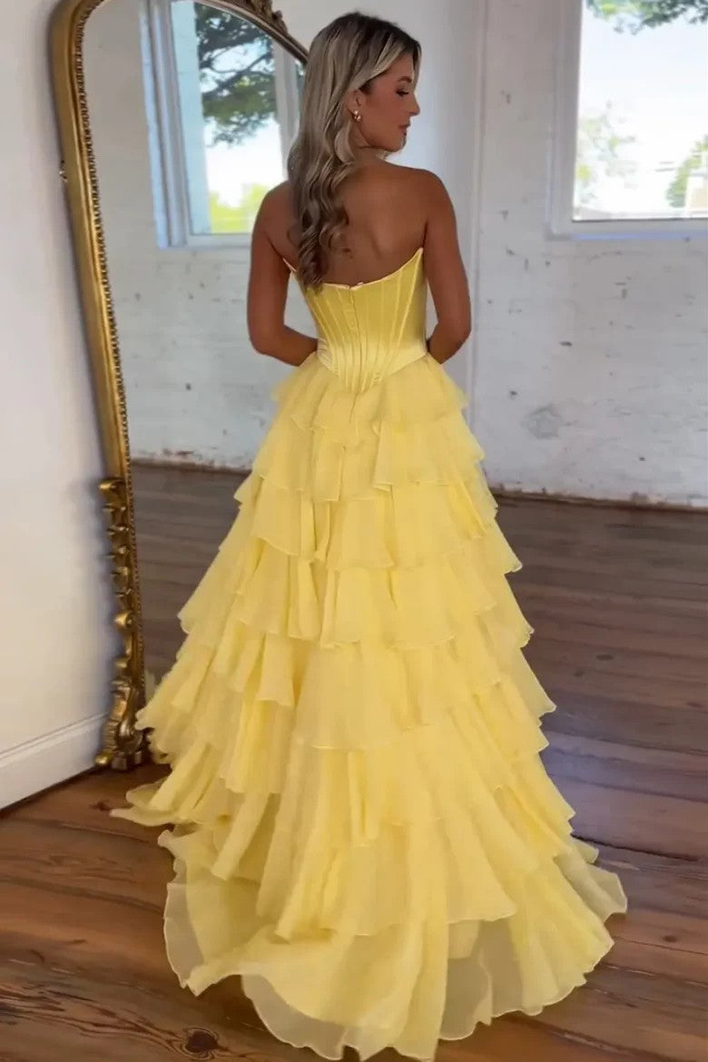 Lumidress Lavender Strapless Ruffled Layered A-Line Evening Gown with Slit
