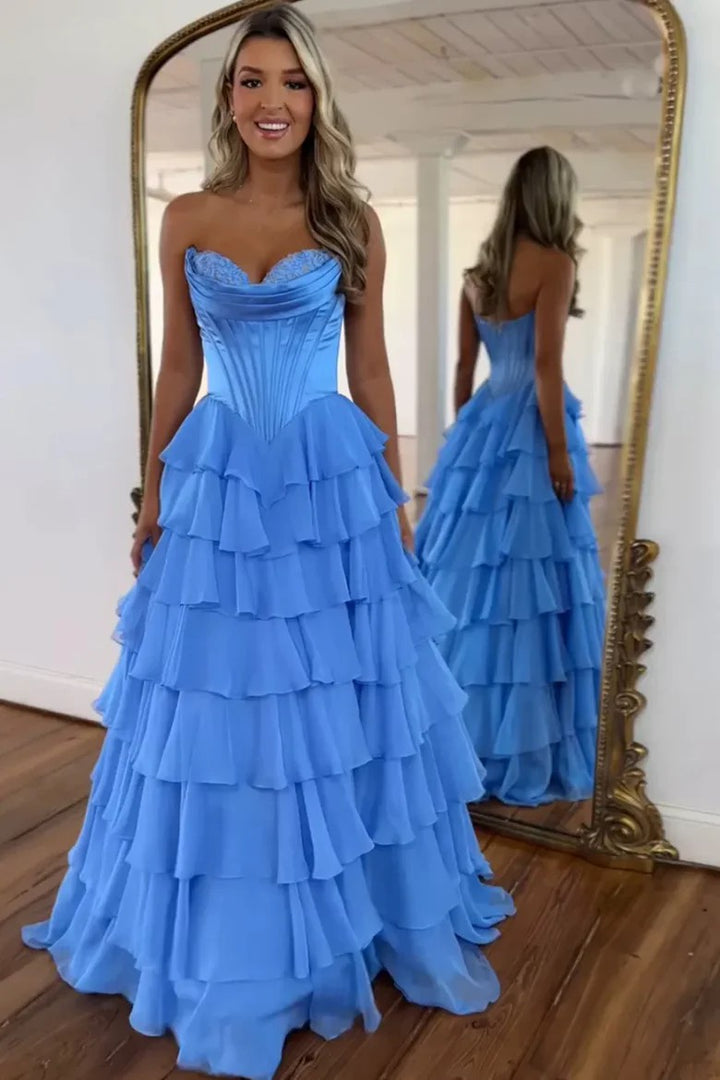 Lumidress Lavender Strapless Ruffled Layered A-Line Evening Gown with Slit