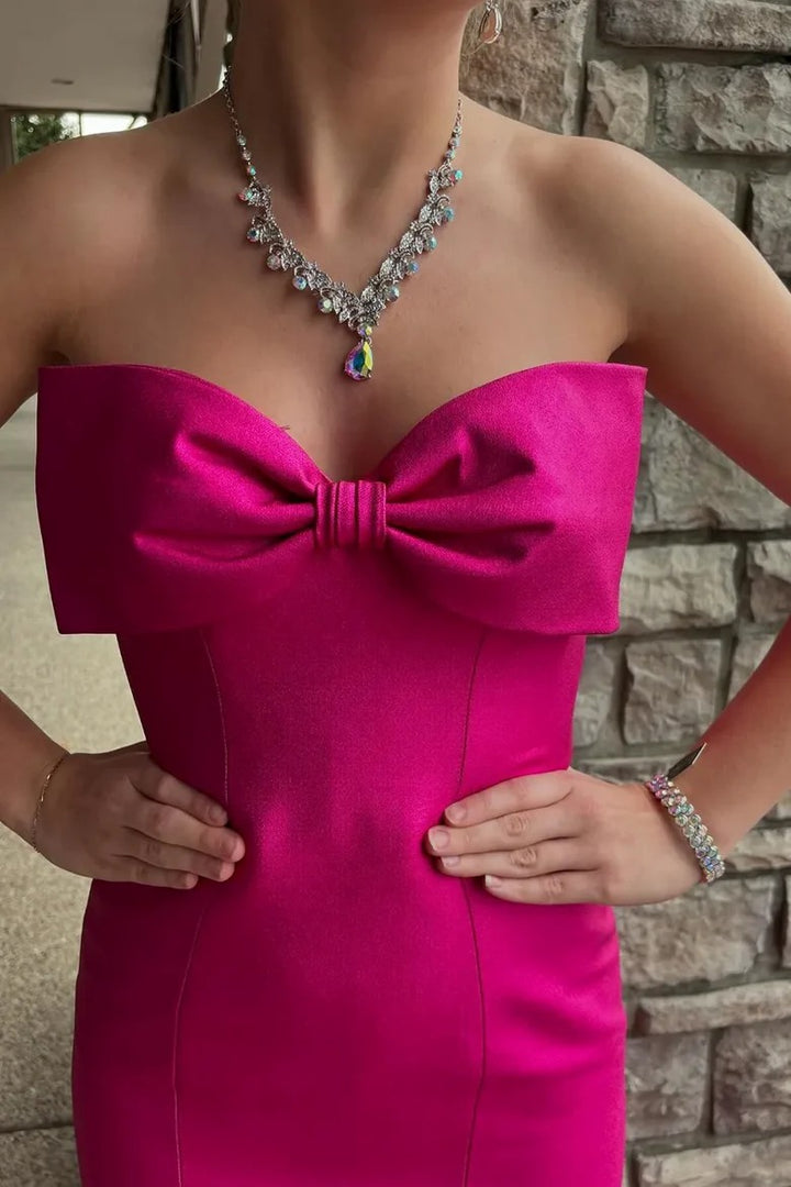 Lumidress Mermaid Strapless Bow Satin Ruched Sleeveless Prom Dress