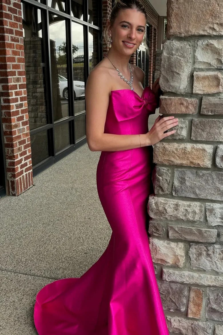Lumidress Mermaid Strapless Bow Satin Ruched Sleeveless Prom Dress