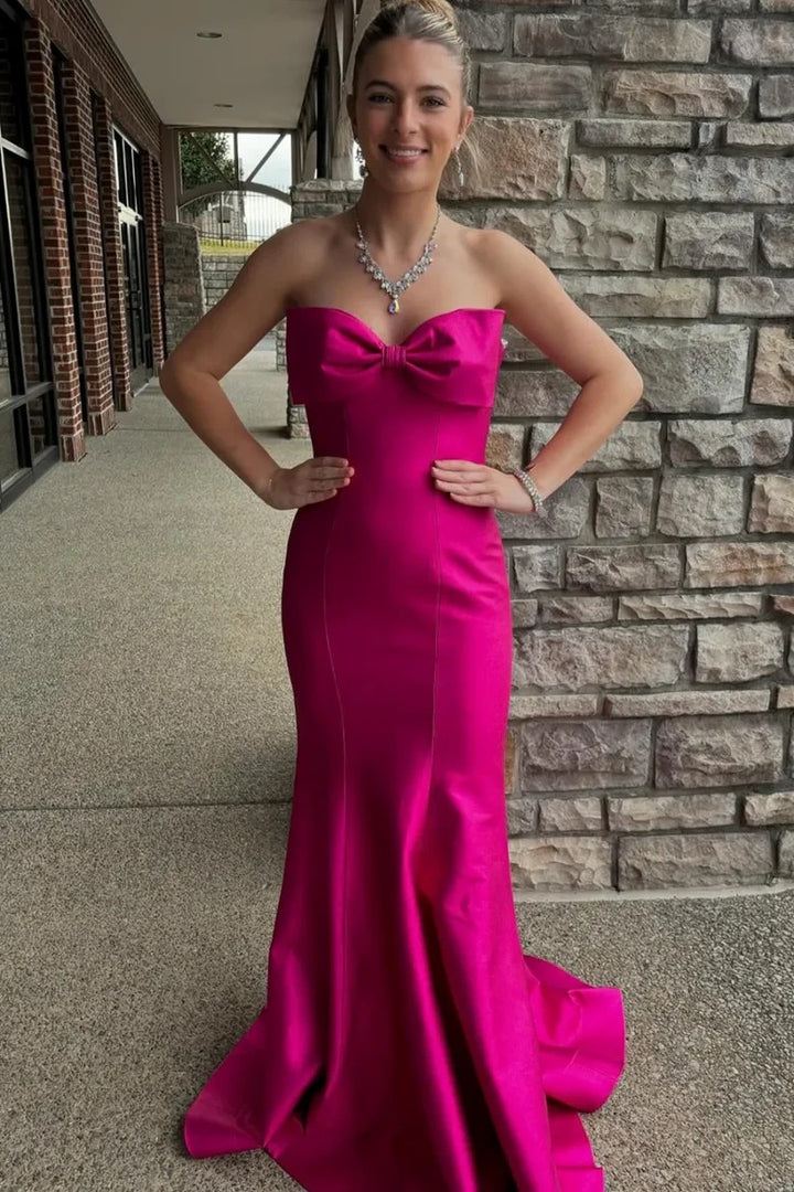 Lumidress Mermaid Strapless Bow Satin Ruched Sleeveless Prom Dress