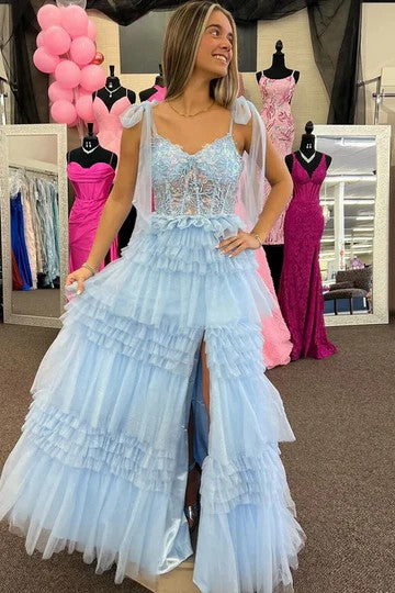 Lumidress Ethereal Light Blue Tulle Tiered Evening Gown with Sheer Bodice and Slit
