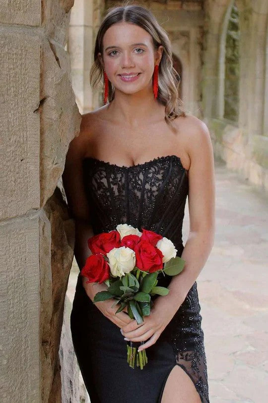 Lumidress Black Scoop Neck A-Line Applique Formal Prom Dress with Side Slit